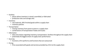 • Facilities
• places where inventory is stored, assembled, or fabricated
• production sites and storage sites
• Inventory
• raw materials, WIP, finished goods within a supply chain
• inventory policies
• Transportation
• moving inventory from point to point in a supply chain
• combinations of transportation modes and routes
• Information
• data and analysis regarding inventory, transportation, facilities throughout the supply chain
• potentially the biggest driver of supply chain performance
• Sourcing
• functions a firm performs and functions that are outsourced
• Pricing
• Price associated with goods and services provided by a firm to the supply chain
 