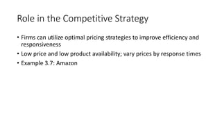 Role in the Competitive Strategy
• Firms can utilize optimal pricing strategies to improve efficiency and
responsiveness
• Low price and low product availability; vary prices by response times
• Example 3.7: Amazon
 