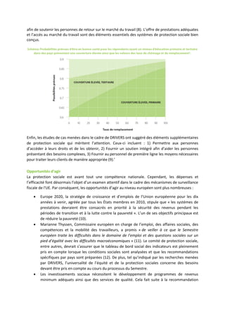 afin de soutenir les personnes de retour sur le marché du travail (8). L’offre de prestations adéquates
et l’accès au marché du travail sont des éléments essentiels des systèmes de protection sociale bien
conçus.
Enfin, les études de cas menées dans le cadre de DRIVERS ont suggéré des éléments supplémentaires
de protection sociale qui méritent l’attention. Ceux-ci incluent : 1) Permettre aux personnes
d’accéder à leurs droits et de les obtenir, 2) Fournir un soutien intégré afin d’aider les personnes
présentant des besoins complexes, 3) Fournir au personnel de première ligne les moyens nécessaires
pour traiter leurs clients de manière appropriée (9).’
Opportunités d’agir
La protection sociale est avant tout une compétence nationale. Cependant, les dépenses et
l’efficacité font désormais l’objet d’un examen attentif dans le cadre des mécanismes de surveillance
fiscale de l'UE. Par conséquent, les opportunités d’agir au niveau européen sont plus nombreuses :
 Europe 2020, la stratégie de croissance et d’emplois de l’Union européenne pour les dix
années à venir, agréée par tous les États membres en 2010, stipule que « les systèmes de
prestations devraient être consacrés en priorité à la sécurité des revenus pendant les
périodes de transition et à la lutte contre la pauvreté ». L’un de ses objectifs principaux est
de réduire la pauvreté (10).
 Marianne Thyssen, Commissaire européen en charge de l’emploi, des affaires sociales, des
compétences et la mobilité des travailleurs, a promis « de veiller à ce que le Semestre
européen traite les difficultés dans le domaine de l’emploi et des questions sociales sur un
pied d’égalité avec les difficultés macroéconomiques » (11). Le comité de protection sociale,
entre autres, devrait s’assurer que le tableau de bord social des indicateurs est pleinement
pris en compte lorsque les conditions sociales sont analysées et que les recommandations
spécifiques par pays sont préparées (12). De plus, tel qu’indiqué par les recherches menées
par DRIVERS, l’universalité de l’équité et de la protection sociales concerne des besoins
devant être pris en compte au cours du processus du Semestre.
 Les investissements sociaux nécessitent le développement de programmes de revenus
minimum adéquats ainsi que des services de qualité. Cela fait suite à la recommandation
 