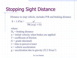 Dr. Lina Shbeeb
Stopping Sight Distance
where:
Db = braking distance
u = initial velocity when brakes are applied
f = coefficient of friction
G = grade (decimal)
t = time to perceive/react
a = vehicle acceleration
g = acceleration due to gravity (32.2 ft/sec2)
Distance to stop vehicle, includes P/R and braking distance
S = 1.47ut + _____u2_____
30({a/g} ± G)
 