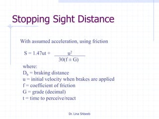 Dr. Lina Shbeeb
Stopping Sight Distance
where:
Db = braking distance
u = initial velocity when brakes are applied
f = coefficient of friction
G = grade (decimal)
t = time to perceive/react
With assumed acceleration, using friction
S = 1.47ut + _____u2_____
30(f ± G)
 