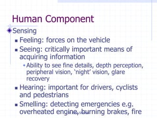 Dr. Lina Shbeeb
Human Component
Sensing
 Feeling: forces on the vehicle
 Seeing: critically important means of
acquiring information
Ability to see fine details, depth perception,
peripheral vision, ‘night’ vision, glare
recovery
 Hearing: important for drivers, cyclists
and pedestrians
 Smelling: detecting emergencies e.g.
overheated engine, burning brakes, fire
 