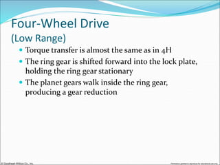 © Goodheart-Willcox Co., Inc. Permission granted to reproduce for educational use only
Four-Wheel Drive
(Low Range)
 Torque transfer is almost the same as in 4H
 The ring gear is shifted forward into the lock plate,
holding the ring gear stationary
 The planet gears walk inside the ring gear,
producing a gear reduction
 