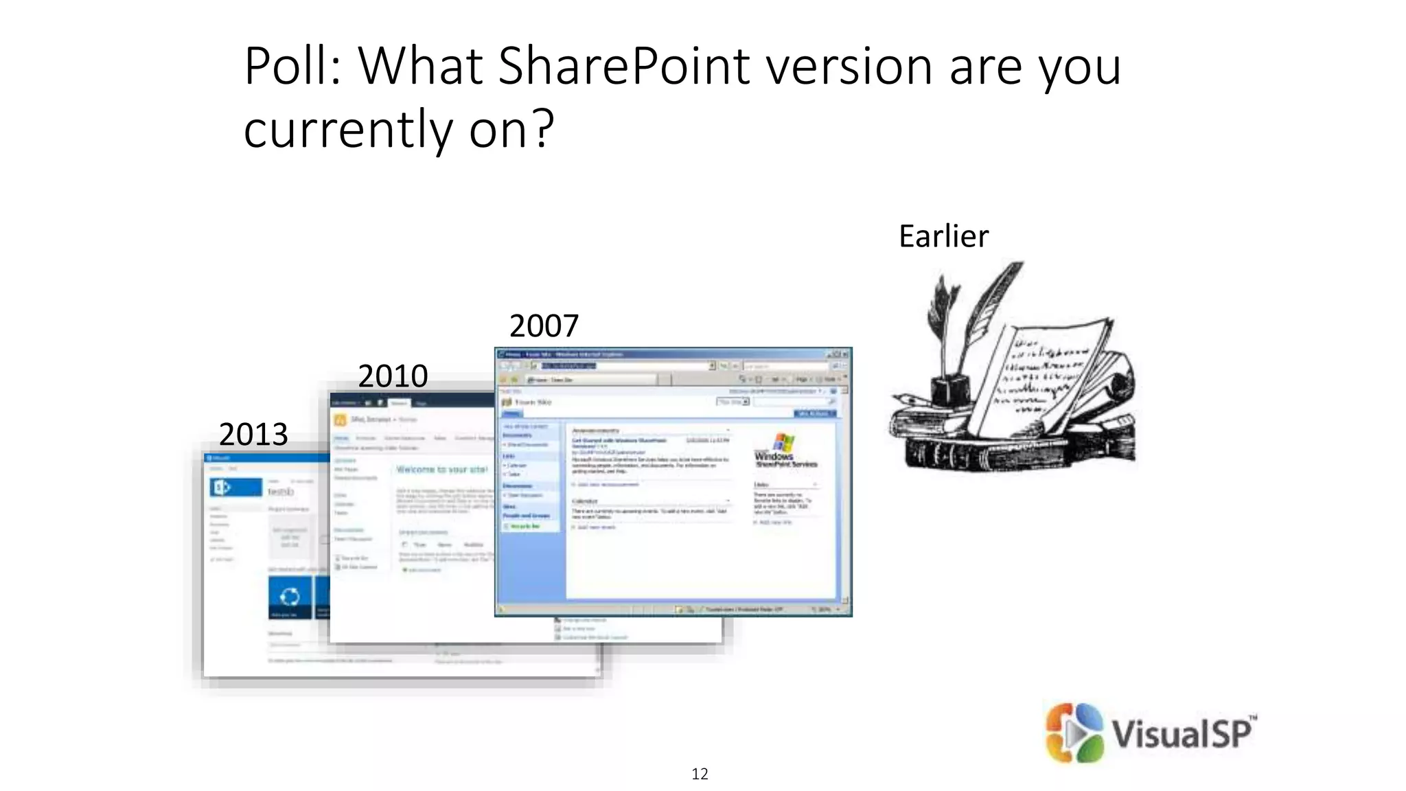 © DEVintersection. All rights reserved.
http://www.DEVintersection.com12
Poll: What SharePoint version are you
currently on?
2013
2010
2007
Earlier
 