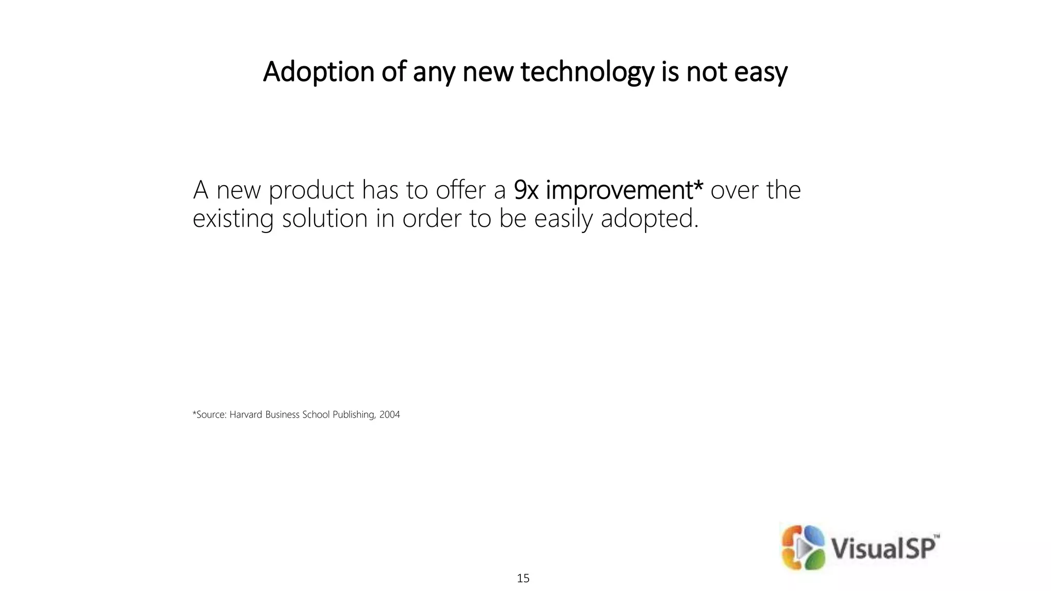 15
Adoption of any new technology is not easy
A new product has to offer a 9x improvement* over the
existing solution in order to be easily adopted.
*Source: Harvard Business School Publishing, 2004
 