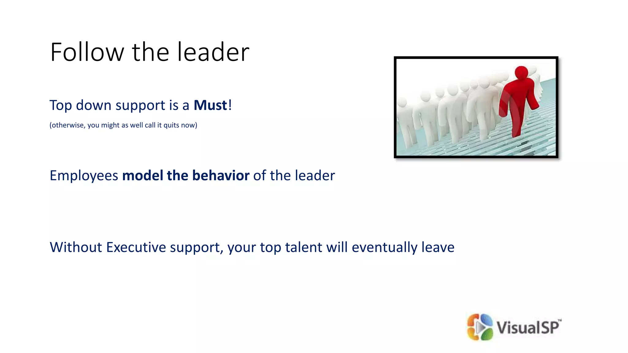 Follow the leader
Top down support is a Must!
(otherwise, you might as well call it quits now)
Employees model the behavior of the leader
Without Executive support, your top talent will eventually leave
 