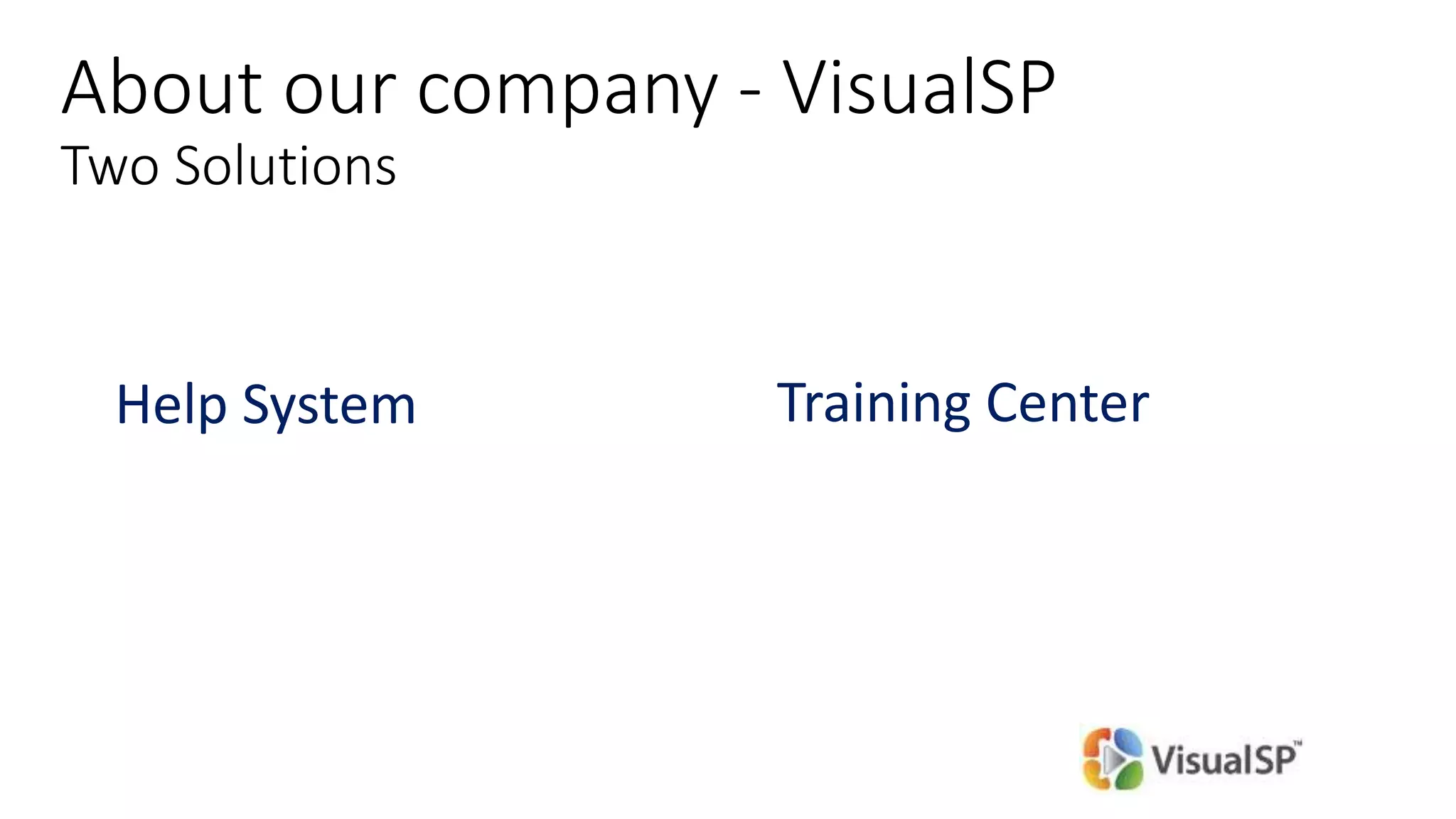 About our company - VisualSP
Two Solutions
Help System Training Center
 