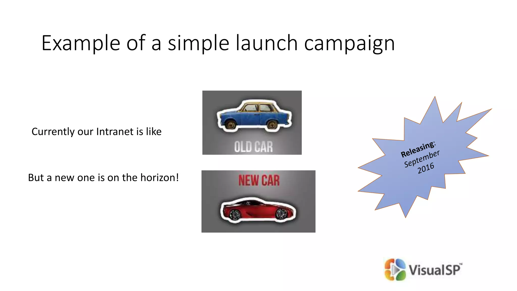 Example of a simple launch campaign
Currently our Intranet is like
But a new one is on the horizon!
 