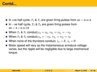 Contd...
In +ve half cycle, T1 & T3 are given ﬁring pulses from ωt = α to π
In −ve half cycle, T2 & T4 are given ﬁring pulses from
ωt = π +α to 2π
When T1 & T3 conduct,va = vS, vT2 = vT4 = −vS
When T2 & T4 conduct,va = −vS, vT1 = vT3 = vS
When none of the thyristors conduct, va = E, ia = 0
Motor speed will vary as the instantaneous armature voltage
varies, but the ripple will be negligible due to large mechanical
torque.
EEE-413N L-15 & 16 March 13, 2019 14 / 30
 