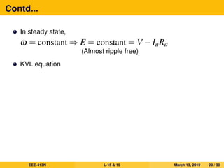 Contd...
In steady state,
ω = constant ⇒ E = constant = V −IaRa
(Almost ripple free)
KVL equation
EEE-413N L-15 & 16 March 13, 2019 20 / 30
 