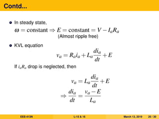 Contd...
In steady state,
ω = constant ⇒ E = constant = V −IaRa
(Almost ripple free)
KVL equation
va = Raia +La
dia
dt
+E
If iaRa drop is neglected, then
va = La
dia
dt
+E
⇒
dia
dt
=
va −E
La
EEE-413N L-15 & 16 March 13, 2019 20 / 30
 