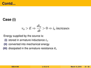 Contd...
Case (i)
va > E ⇒
dia
dt
> 0 ⇒ ia increases
Energy supplied by the source is:
(i) stored in armature inductance La
(ii) converted into mechanical energy
(iii) dissipated in the armature resistance Ra
EEE-413N L-15 & 16 March 13, 2019 21 / 30
 