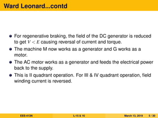 Ward Leonard...contd
For regenerative braking, the ﬁeld of the DC generator is reduced
to get V < E causing reversal of current and torque.
The machine M now works as a generator and G works as a
motor.
The AC motor works as a generator and feeds the electrical power
back to the supply.
This is II quadrant operation. For III & IV quadrant operation, ﬁeld
winding current is reversed.
EEE-413N L-15 & 16 March 13, 2019 5 / 30
 