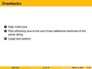 Drawbacks
1 High initial cost.
2 Poor efﬁciency due to the use of two additional machines of the
same rating.
3 Large size system.
EEE-413N L-15 & 16 March 13, 2019 7 / 30
 