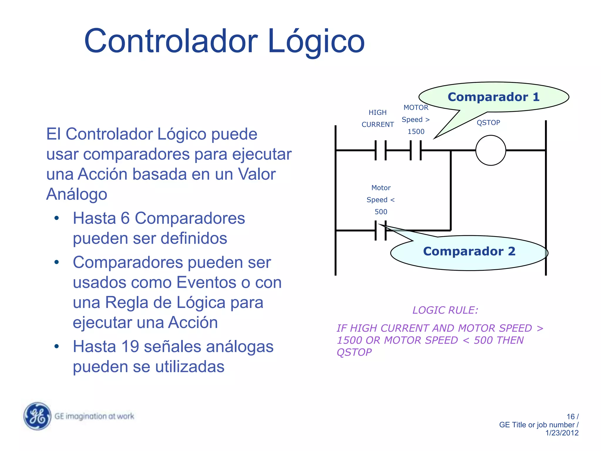Controlador Lógico
                                                          Comparador 1
                                                MOTOR
                                       HIGH
                                                Speed >      QSTOP
                                     CURRENT
                                                 1500
El Controlador Lógico puede
usar comparadores para ejecutar
una Acción basada en un Valor
                                       Motor
Análogo                               Speed <
                                        500
 • Hasta 6 Comparadores
    pueden ser definidos
                                                     Comparador 2
 • Comparadores pueden ser
    usados como Eventos o con
    una Regla de Lógica para                      LOGIC RULE:
    ejecutar una Acción           IF HIGH CURRENT AND MOTOR SPEED >
                                  1500 OR MOTOR SPEED < 500 THEN
 • Hasta 19 señales análogas      QSTOP
    pueden se utilizadas

                                                                                      16 /
                                                                 GE Title or job number /
                                                                                1/23/2012
 