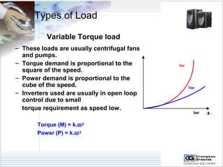 Types of Load 
Variable Torque load 
– These loads are usually centrifugal fans 
and pumps. 
– Torque demand is proportional to the 
square of the speed. 
– Power demand is proportional to the 
cube of the speed. 
– Inverters used are usually in open loop 
control due to small 
torque requirement as speed low. 
Torque (M) = k.w2 
Power (P) = k.w3 
Power 
Torque 
Speed ( w ) 
 