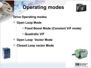 Operating modes 
Drive Operating modes 
 Open Loop Mode 
• Fixed Boost Mode (Constant V/F mode) 
• Quadratic V/F 
 Open Loop Vector Mode 
 Closed Loop vector Mode 
 