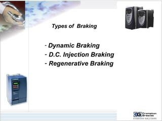 Types of Braking 
- Dynamic Braking 
- D.C. Injection Braking 
- Regenerative Braking 
 