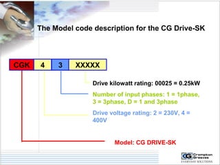 The Model code description for the CG Drive-SK 
CGK 4 3 XXXXX 
Drive kilowatt rating: 00025 = 0.25kW 
Number of input phases: 1 = 1phase, 
3 = 3phase, D = 1 and 3phase 
Drive voltage rating: 2 = 230V, 4 = 
400V 
Model: CG DRIVE-SK 
 