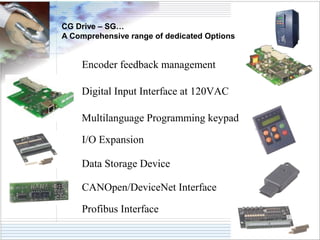CG Drive – SG… 
A Comprehensive range of dedicated Options 
Encoder feedback management 
Digital Input Interface at 120VAC 
Multilanguage Programming keypad 
I/O Expansion 
Data Storage Device 
CANOpen/DeviceNet Interface 
Profibus Interface 
 