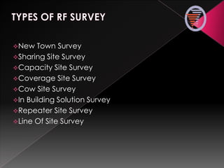 New Town Survey
Sharing Site Survey
Capacity Site Survey
Coverage Site Survey
Cow Site Survey
In Building Solution Survey
Repeater Site Survey
Line Of Site Survey
 