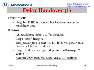 System Optimisation Group
China GSM Core Engineering
02/01/12 Motorola Internal Use Only 14
Delay Handover (1)
Description:
– Neighbor BSIC is decoded but handover occurs in
much later time
Reason:
– All possible neighbors suffer blocking
– Large hreqt * hreqave
– qual_power_flag is enabled, full BTS/MS power must
be reached before handover
– Large handover_recognized_period and bssmap_t7
setting
– Refer to GSM BSS Statistics Analysis Handbook
 