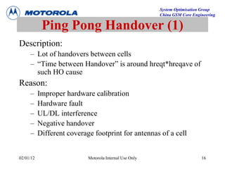 System Optimisation Group
China GSM Core Engineering
02/01/12 Motorola Internal Use Only 16
Ping Pong Handover (1)
Description:
– Lot of handovers between cells
– “Time between Handover” is around hreqt*hreqave of
such HO cause
Reason:
– Improper hardware calibration
– Hardware fault
– UL/DL interference
– Negative handover
– Different coverage footprint for antennas of a cell
 