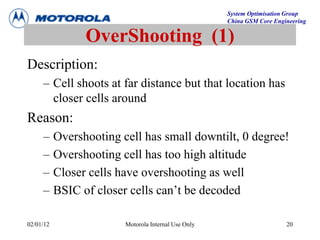 System Optimisation Group
China GSM Core Engineering
02/01/12 Motorola Internal Use Only 20
OverShooting (1)
Description:
– Cell shoots at far distance but that location has
closer cells around
Reason:
– Overshooting cell has small downtilt, 0 degree!
– Overshooting cell has too high altitude
– Closer cells have overshooting as well
– BSIC of closer cells can’t be decoded
 