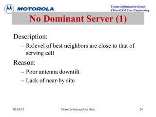 System Optimisation Group
China GSM Core Engineering
02/01/12 Motorola Internal Use Only 24
No Dominant Server (1)
Description:
– Rxlevel of best neighbors are close to that of
serving cell
Reason:
– Poor antenna downtilt
– Lack of near-by site
 