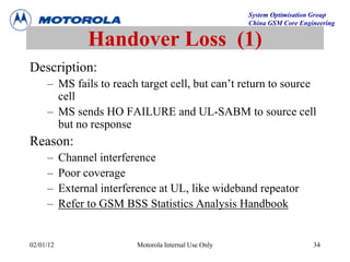 System Optimisation Group
China GSM Core Engineering
02/01/12 Motorola Internal Use Only 34
Handover Loss (1)
Description:
– MS fails to reach target cell, but can’t return to source
cell
– MS sends HO FAILURE and UL-SABM to source cell
but no response
Reason:
– Channel interference
– Poor coverage
– External interference at UL, like wideband repeator
– Refer to GSM BSS Statistics Analysis Handbook
 