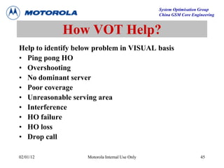 System Optimisation Group
China GSM Core Engineering
02/01/12 Motorola Internal Use Only 45
How VOT Help?
Help to identify below problem in VISUAL basis
• Ping pong HO
• Overshooting
• No dominant server
• Poor coverage
• Unreasonable serving area
• Interference
• HO failure
• HO loss
• Drop call
 