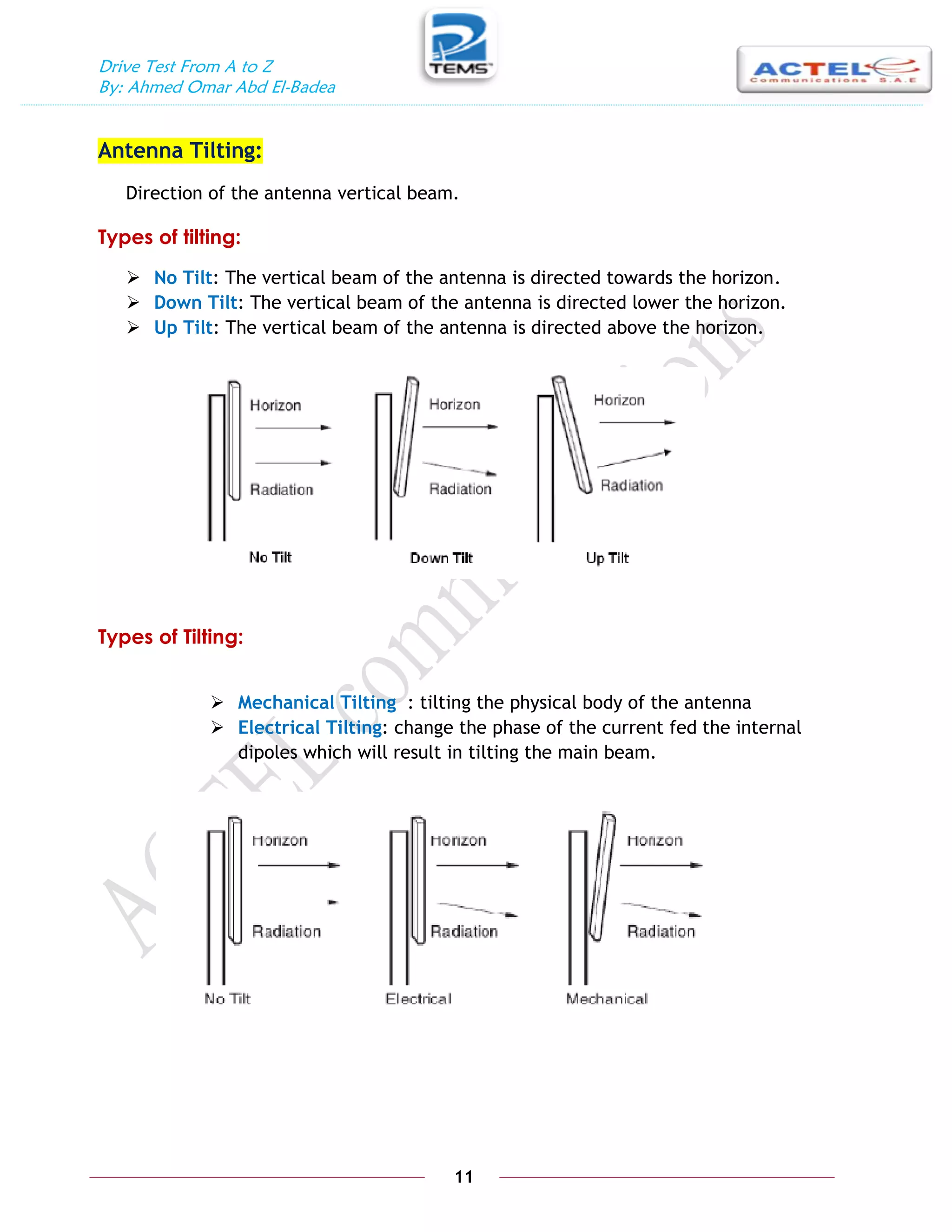 Drive Test From A to Z
By: Ahmed Omar Abd El-Badea
11
Antenna Tilting:
Direction of the antenna vertical beam.
Types of tilting:
 No Tilt: The vertical beam of the antenna is directed towards the horizon.
 Down Tilt: The vertical beam of the antenna is directed lower the horizon.
 Up Tilt: The vertical beam of the antenna is directed above the horizon.
Types of Tilting:
 Mechanical Tilting : tilting the physical body of the antenna
 Electrical Tilting: change the phase of the current fed the internal
dipoles which will result in tilting the main beam.
 