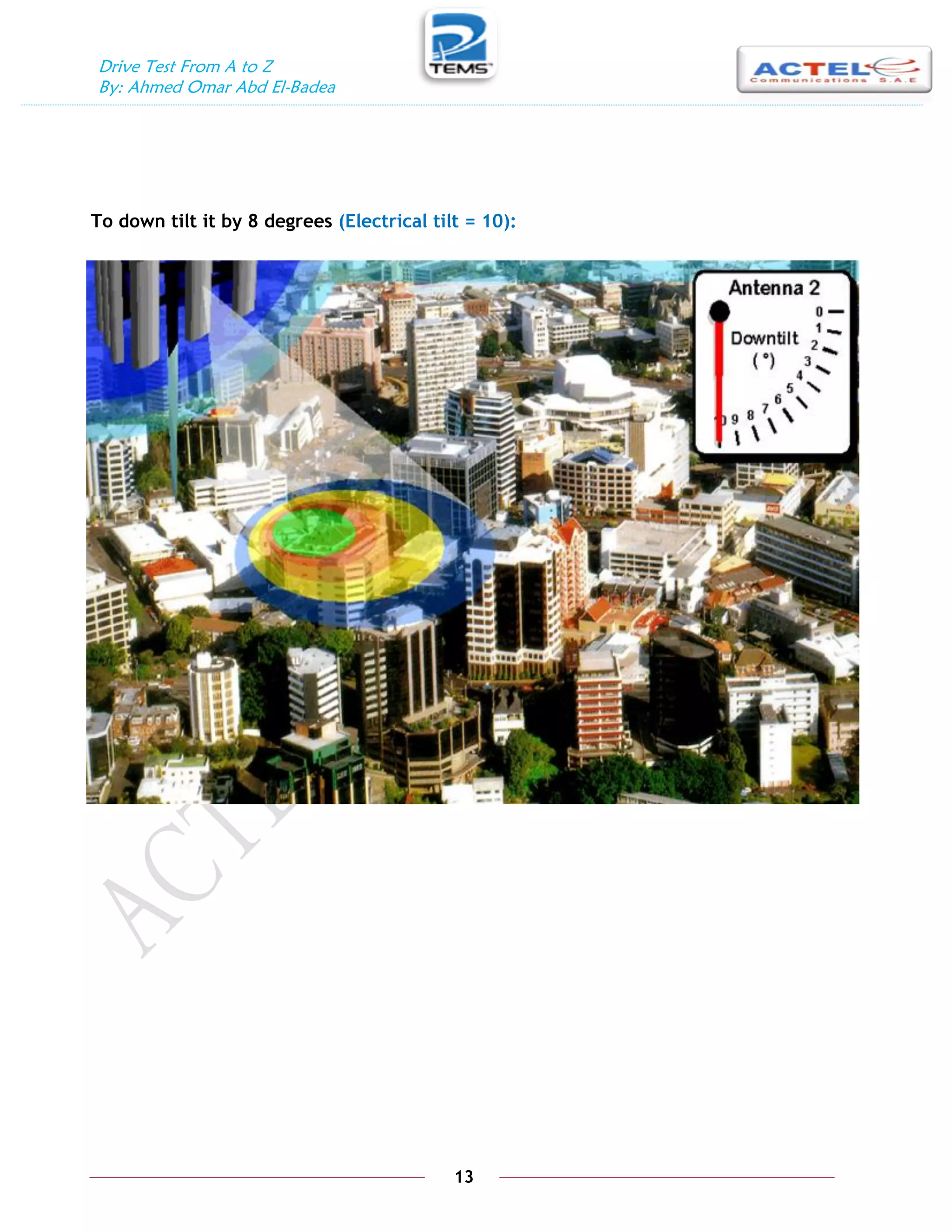 Drive Test From A to Z
By: Ahmed Omar Abd El-Badea
13
To down tilt it by 8 degrees (Electrical tilt = 10):
 