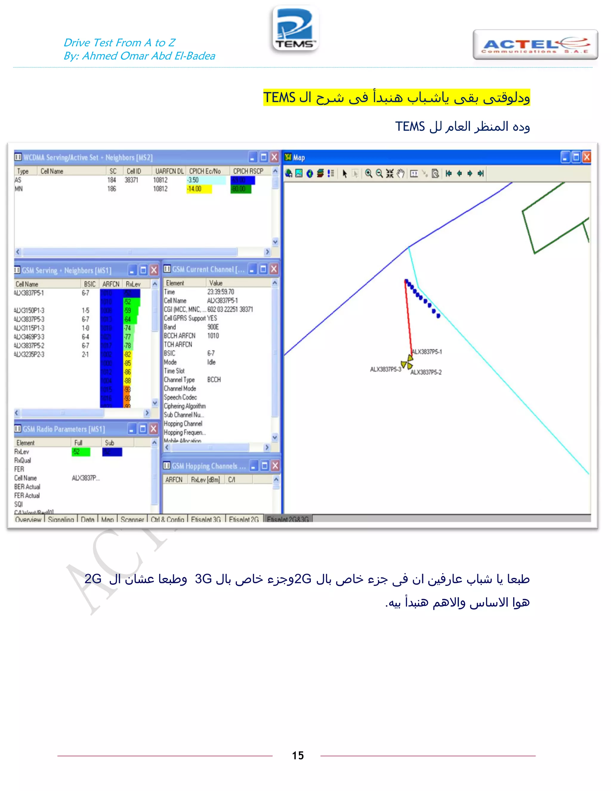 Drive Test From A to Z
By: Ahmed Omar Abd El-Badea
15
َ‫ًدىٌقت‬
‫ياشثاب‬ َ‫تق‬
‫اه‬ ‫شرح‬ َ‫ف‬ ‫ىنثدأ‬
TEMS
‫ىو‬ ً‫اىعا‬ ‫اىَنظر‬ ‫ًده‬
TEMS
‫بال‬ ‫خاص‬ ‫جزء‬ ‫فى‬ ‫ان‬ ‫عارفين‬ ‫شباب‬ ‫يا‬ ‫طبعا‬
2G
‫بال‬ ‫خاص‬ ‫وجزء‬
3G
‫ال‬ ‫عشان‬ ‫وطبعا‬
2G
‫بيه‬ ‫هنبدأ‬ ‫واالهم‬ ‫االساس‬ ‫هوا‬
.
 