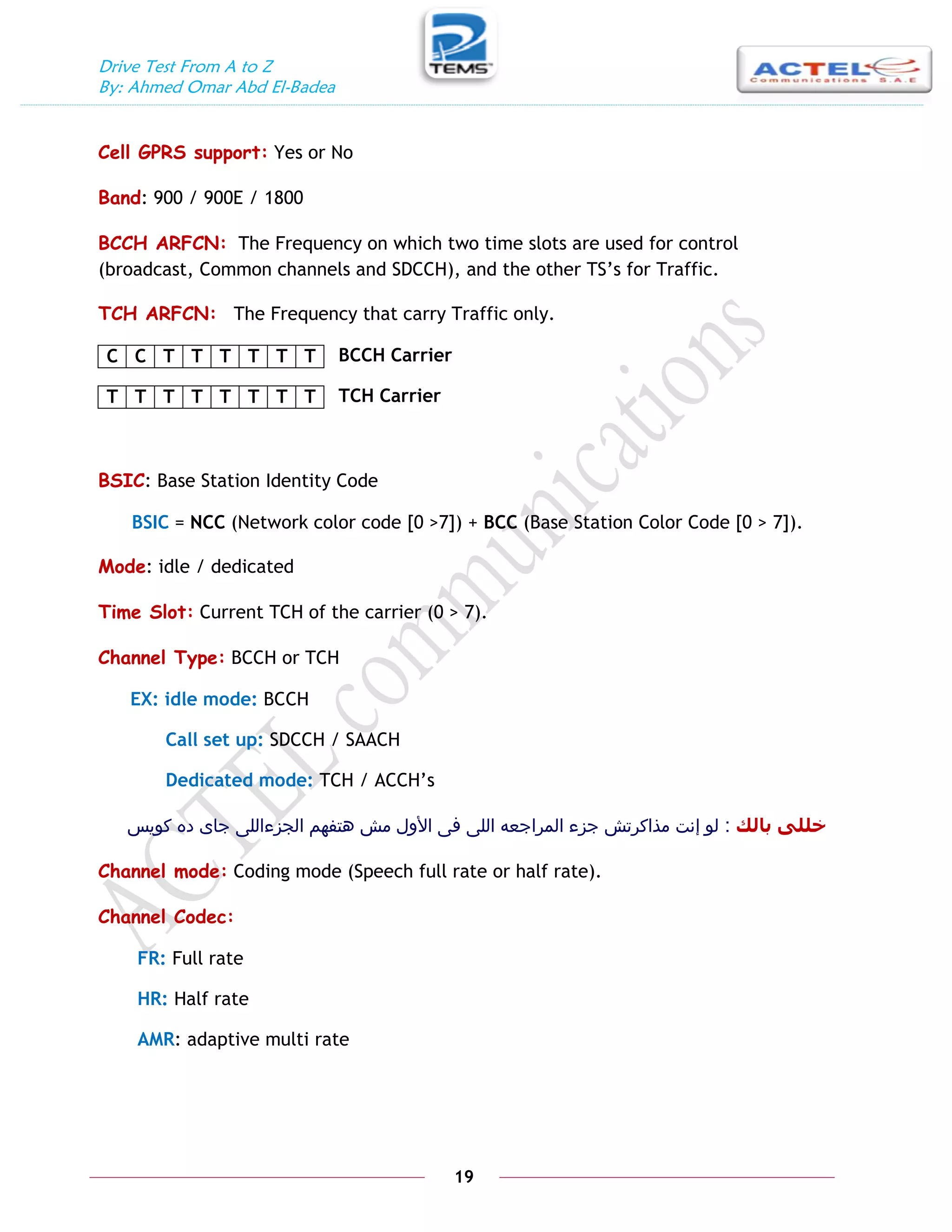 Drive Test From A to Z
By: Ahmed Omar Abd El-Badea
19
Cell GPRS support: Yes or No
Band: 900 / 900E / 1800
BCCH ARFCN: The Frequency on which two time slots are used for control
(broadcast, Common channels and SDCCH), and the other TS’s for Traffic.
TCH ARFCN: The Frequency that carry Traffic only.
BCCH Carrier
TCH Carrier
BSIC: Base Station Identity Code
BSIC = NCC (Network color code [0 >7]) + BCC (Base Station Color Code [0 > 7]).
Mode: idle / dedicated
Time Slot: Current TCH of the carrier (0 > 7).
Channel Type: BCCH or TCH
EX: idle mode: BCCH
Call set up: SDCCH / SAACH
Dedicated mode: TCH / ACCH’s
‫بانك‬ ٗ‫خهه‬
:
‫لو‬
‫إ‬
‫كويس‬ ‫ده‬ ‫جاى‬ ‫الجزءاللى‬ ‫هتفهم‬ ‫مش‬ ‫األول‬ ‫فى‬ ‫اللى‬ ‫المراجعه‬ ‫جزء‬ ‫مذاكرتش‬ ‫نت‬
Channel mode: Coding mode (Speech full rate or half rate).
Channel Codec:
FR: Full rate
HR: Half rate
AMR: adaptive multi rate
T
T
T
T
T
T
C
C
T
T
T
T
T
T
T
T
 
