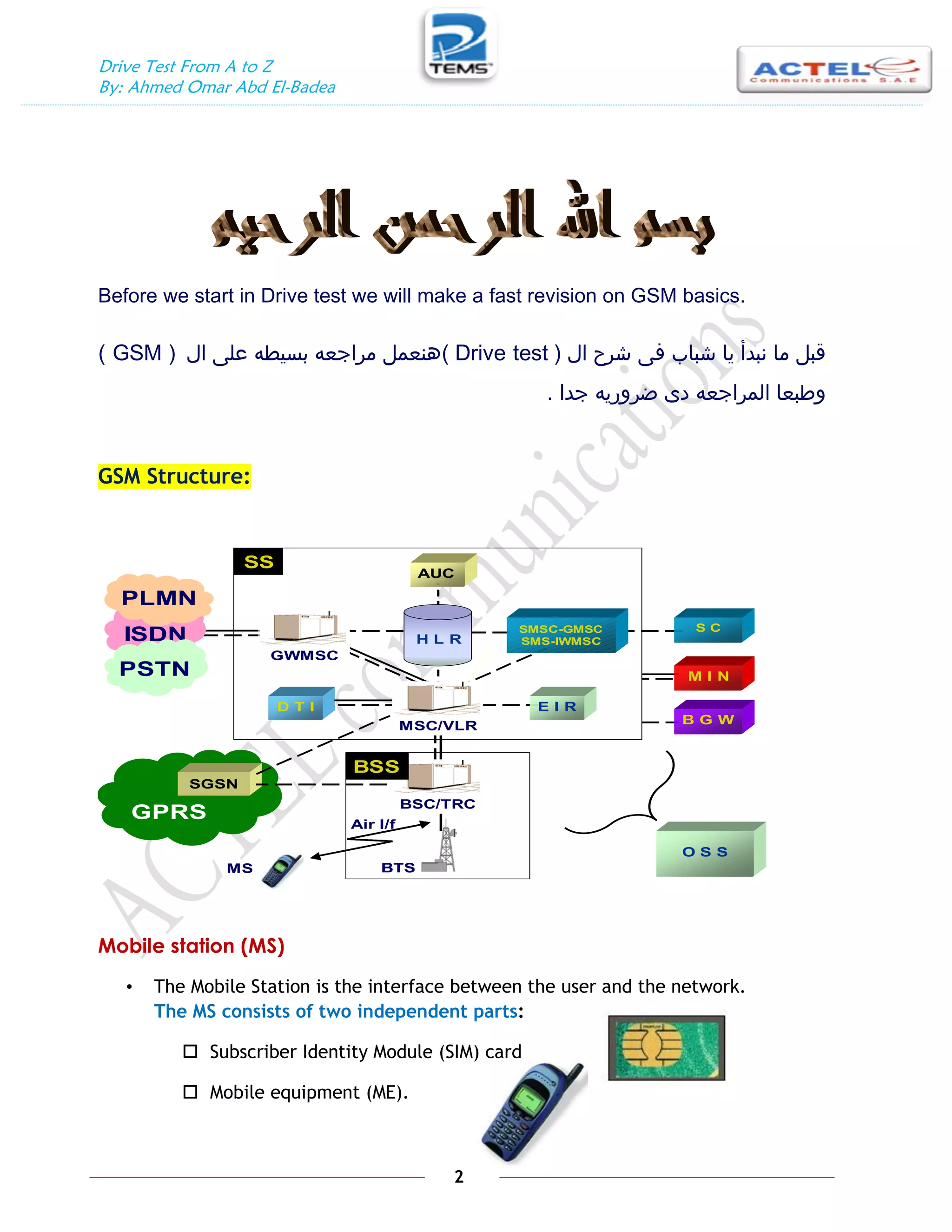 Drive Test From A to Z
By: Ahmed Omar Abd El-Badea
2
SS
SS
D T I
BTS
BTS
O S S
ISDN
PLMN
PSTN
ISDN
ISDN
PLMN
PLMN
PSTN M I N
S C
B G W
H L R
AUC
SMSC-GMSC
SMS-IWMSC
E I R
GWMSC
GWMSC
MSC/VLR
MSC/VLR
MS
MS
Air I/f
GPRS
SGSN
BSC/TRC
BSC/TRC
BSS
BSS
Before we start in Drive test we will make a fast revision on GSM basics.
‫شرح‬ ‫فى‬ ‫شباب‬ ‫يا‬ ‫نبدأ‬ ‫ما‬ ‫قبل‬
‫ال‬
(
Drive test
(
‫ال‬ ‫على‬ ‫بسيطه‬ ‫مراجعه‬ ‫هنعمل‬
( GSM )
‫جدا‬ ‫ضروريه‬ ‫دى‬ ‫المراجعه‬ ‫وطبعا‬
.
GSM Structure:
Mobile station (MS)
• The Mobile Station is the interface between the user and the network.
The MS consists of two independent parts:
 Subscriber Identity Module (SIM) card
 Mobile equipment (ME).
 
