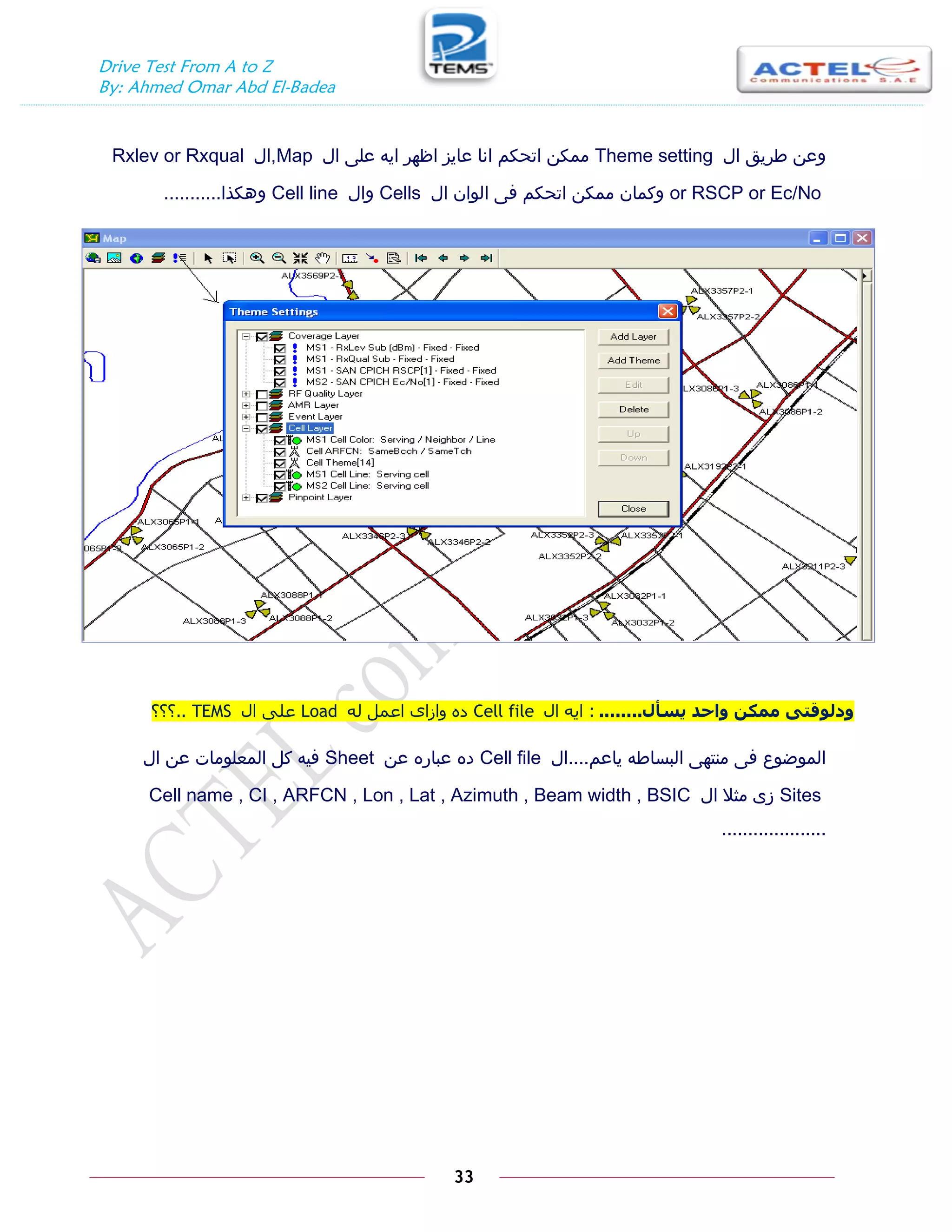 Drive Test From A to Z
By: Ahmed Omar Abd El-Badea
33
‫ال‬ ‫طريق‬ ‫وعن‬
Theme setting
‫ال‬ ‫على‬ ‫ايه‬ ‫اظهر‬ ‫عايز‬ ‫انا‬ ‫اتحكم‬ ‫ممكن‬
Map
,
‫ال‬
Rxlev or Rxqual
or RSCP or Ec/No
‫ال‬ ‫الوان‬ ‫فى‬ ‫اتحكم‬ ‫ممكن‬ ‫وكمان‬
Cells
‫وال‬
Cell line
‫وهكذا‬
...........
‫يسأل‬ ‫ٔاحد‬ ٍ‫يًك‬ ٗ‫ٔدنٕقت‬
........
:
‫اه‬ ‫ايو‬
Cell file
‫ىو‬ ‫اعَو‬ ٍ‫ًازا‬ ‫ده‬
Load
‫اه‬ َ‫عي‬
TEMS
..
‫؟؟؟‬
‫ياعم‬ ‫البساطه‬ ‫منتهى‬ ‫فى‬ ‫الموضوع‬
....
‫ال‬
Cell file
‫عن‬ ‫عباره‬ ‫ده‬
Sheet
‫ال‬ ‫عن‬ ‫المعلومات‬ ‫كل‬ ‫فيه‬
Sites
‫ال‬ ‫مثال‬ ‫زى‬
Cell name , CI , ARFCN , Lon , Lat , Azimuth , Beam width , BSIC
....................
 