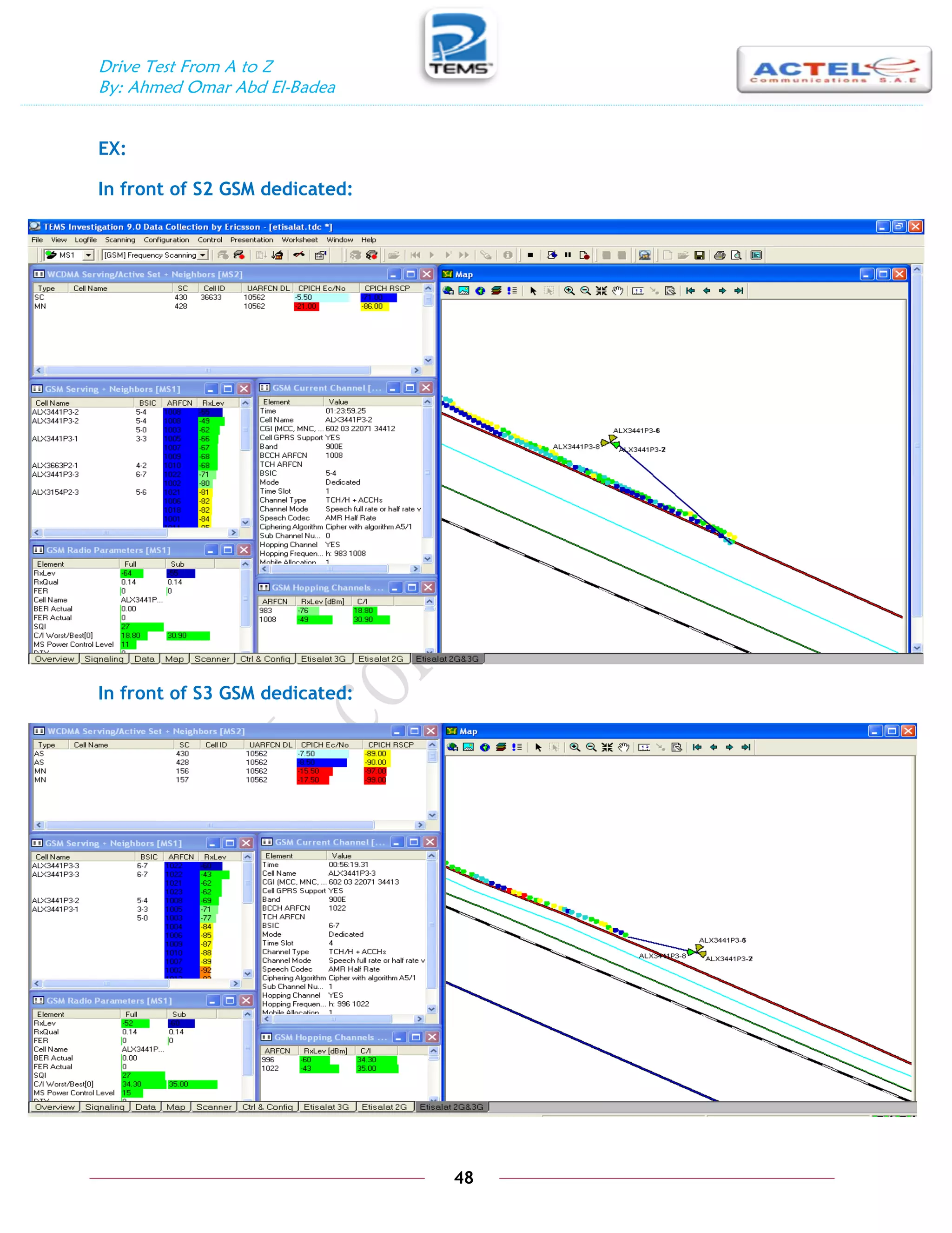 Drive Test From A to Z
By: Ahmed Omar Abd El-Badea
48
EX:
In front of S2 GSM dedicated:
In front of S3 GSM dedicated:
 