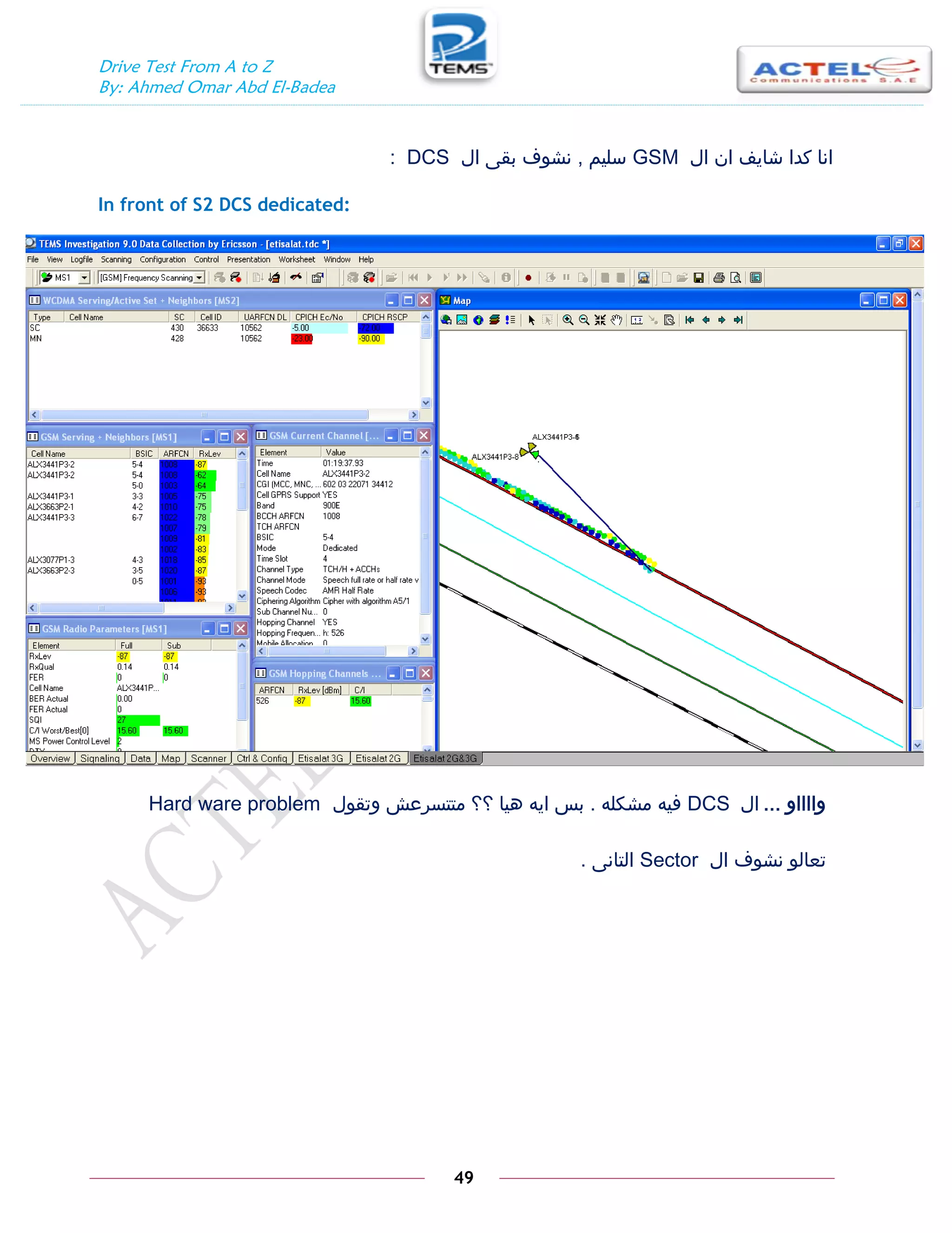 Drive Test From A to Z
By: Ahmed Omar Abd El-Badea
49
‫ال‬ ‫ان‬ ‫شايف‬ ‫كدا‬ ‫انا‬
GSM
‫سليم‬
,
‫ال‬ ‫بقى‬ ‫نشوف‬
DCS
:
In front of S2 DCS dedicated:
‫وااااو‬
...
‫ال‬
DCS
‫مشكله‬ ‫فيه‬
.
‫وتقول‬ ‫متتسرعش‬ ‫؟؟‬ ‫هيا‬ ‫ايه‬ ‫بس‬
Hard ware problem
‫ال‬ ‫نشوف‬ ‫تعالو‬
Sector
‫التانى‬
.
 