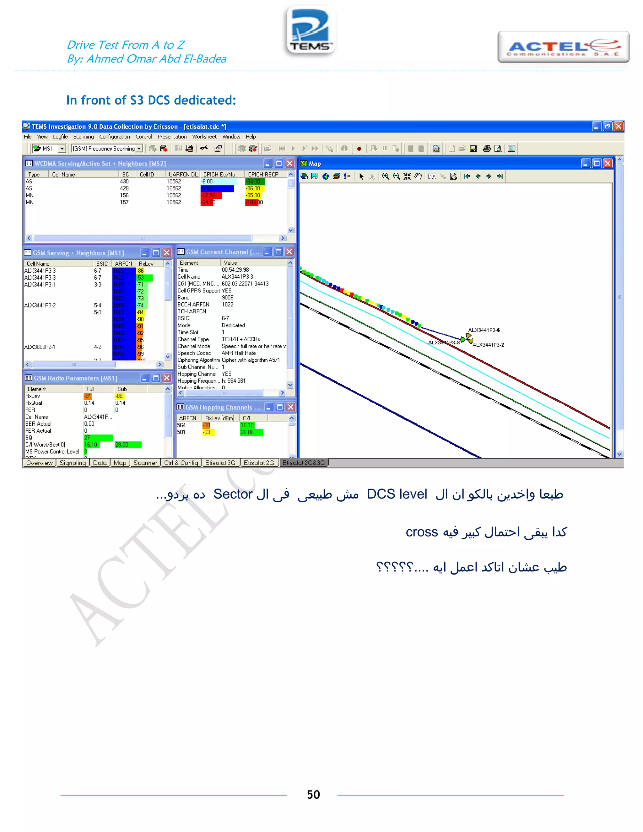 Drive Test From A to Z
By: Ahmed Omar Abd El-Badea
50
In front of S3 DCS dedicated:
‫ال‬ ‫ان‬ ‫بالكو‬ ‫واخدين‬ ‫طبعا‬
DCS level
‫طبيعى‬ ‫مش‬
‫ال‬ ‫فى‬
Sector
‫بردو‬ ‫ده‬
...
‫فيه‬ ‫كبير‬ ‫احتمال‬ ‫يبقى‬ ‫كدا‬
cross
‫ايه‬ ‫اعمل‬ ‫اتاكد‬ ‫عشان‬ ‫طيب‬
....
‫؟؟؟؟؟‬
 