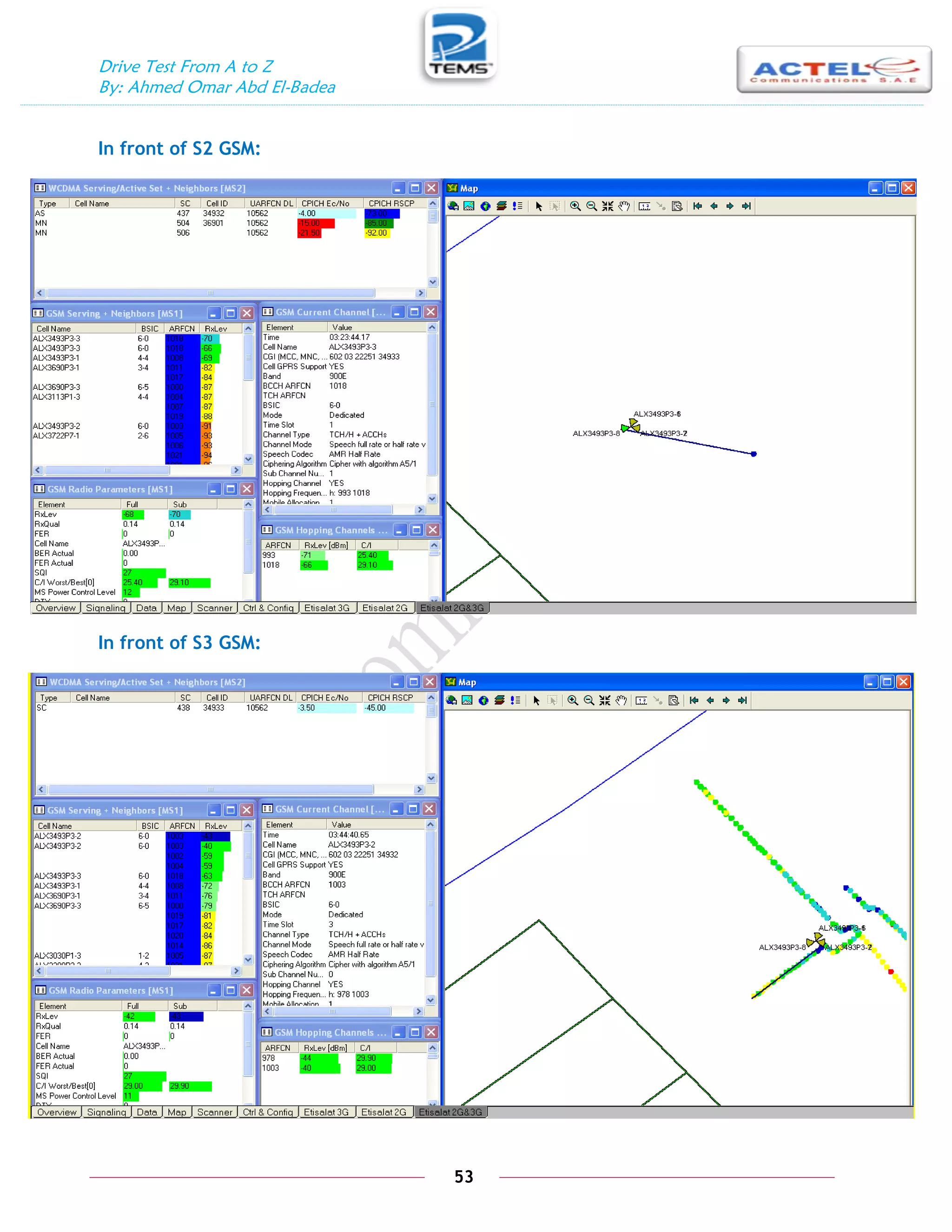 Drive Test From A to Z
By: Ahmed Omar Abd El-Badea
53
In front of S2 GSM:
In front of S3 GSM:
 