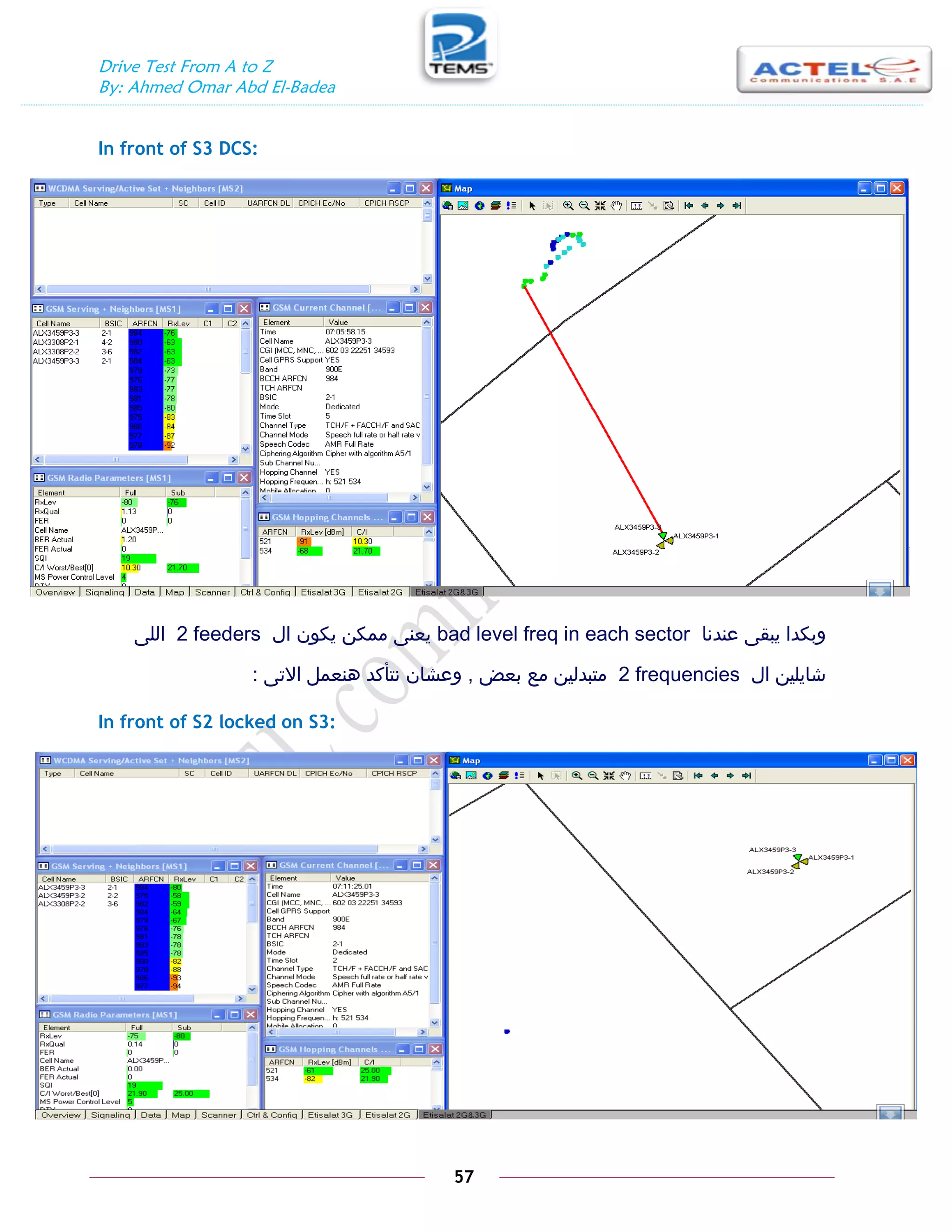 Drive Test From A to Z
By: Ahmed Omar Abd El-Badea
57
In front of S3 DCS:
‫عندنا‬ ‫يبقى‬ ‫وبكدا‬
bad level freq in each sector
‫ال‬ ‫يكون‬ ‫ممكن‬ ‫يعنى‬
2 feeders
‫اللى‬
‫ال‬ ‫شايلين‬
2 frequencies
‫بعض‬ ‫مع‬ ‫متبدلين‬
,
‫االتى‬ ‫هنعمل‬ ‫نتأكد‬ ‫وعشان‬
:
In front of S2 locked on S3:
 