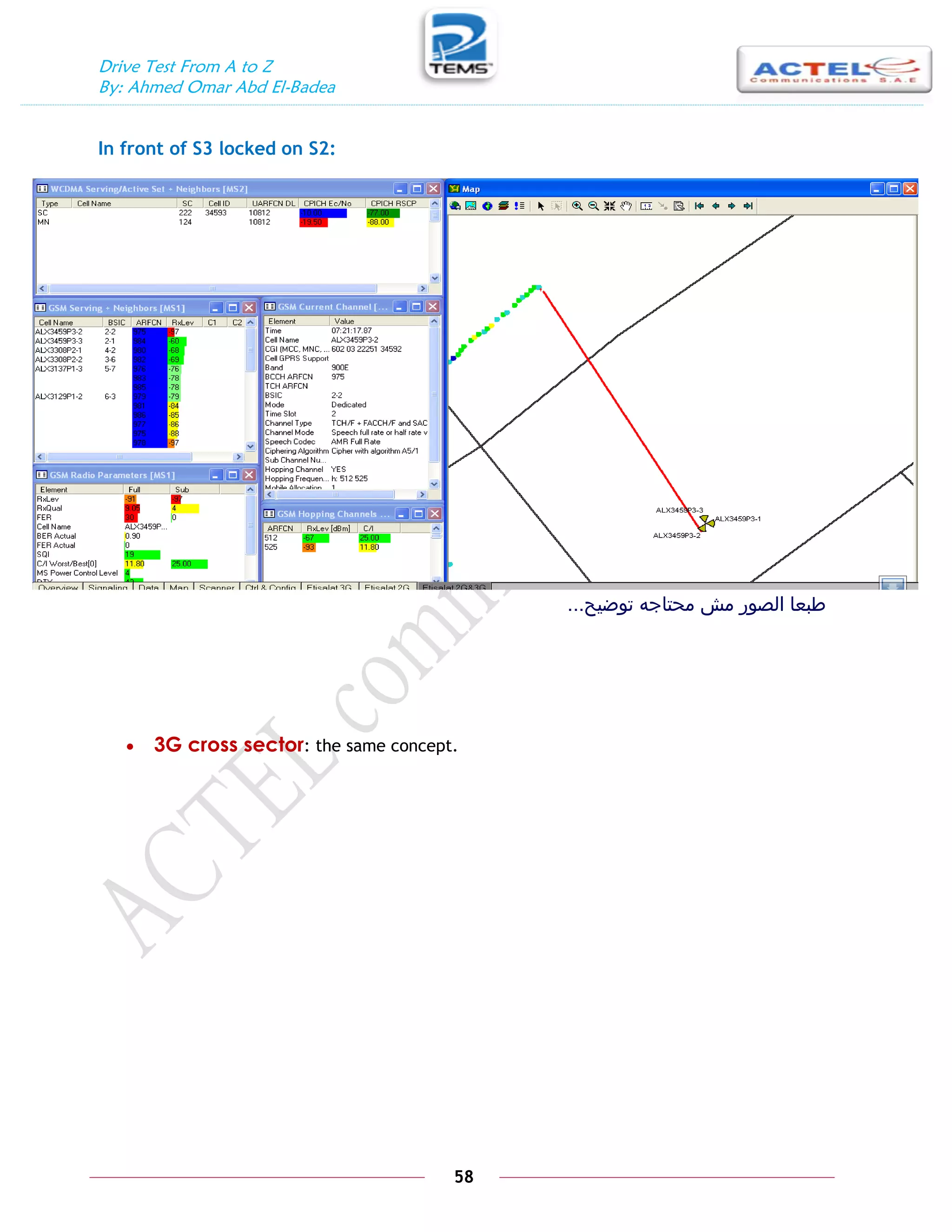 Drive Test From A to Z
By: Ahmed Omar Abd El-Badea
58
In front of S3 locked on S2:
‫توضيح‬ ‫محتاجه‬ ‫مش‬ ‫الصور‬ ‫طبعا‬
...
 3G cross sector: the same concept.
 
