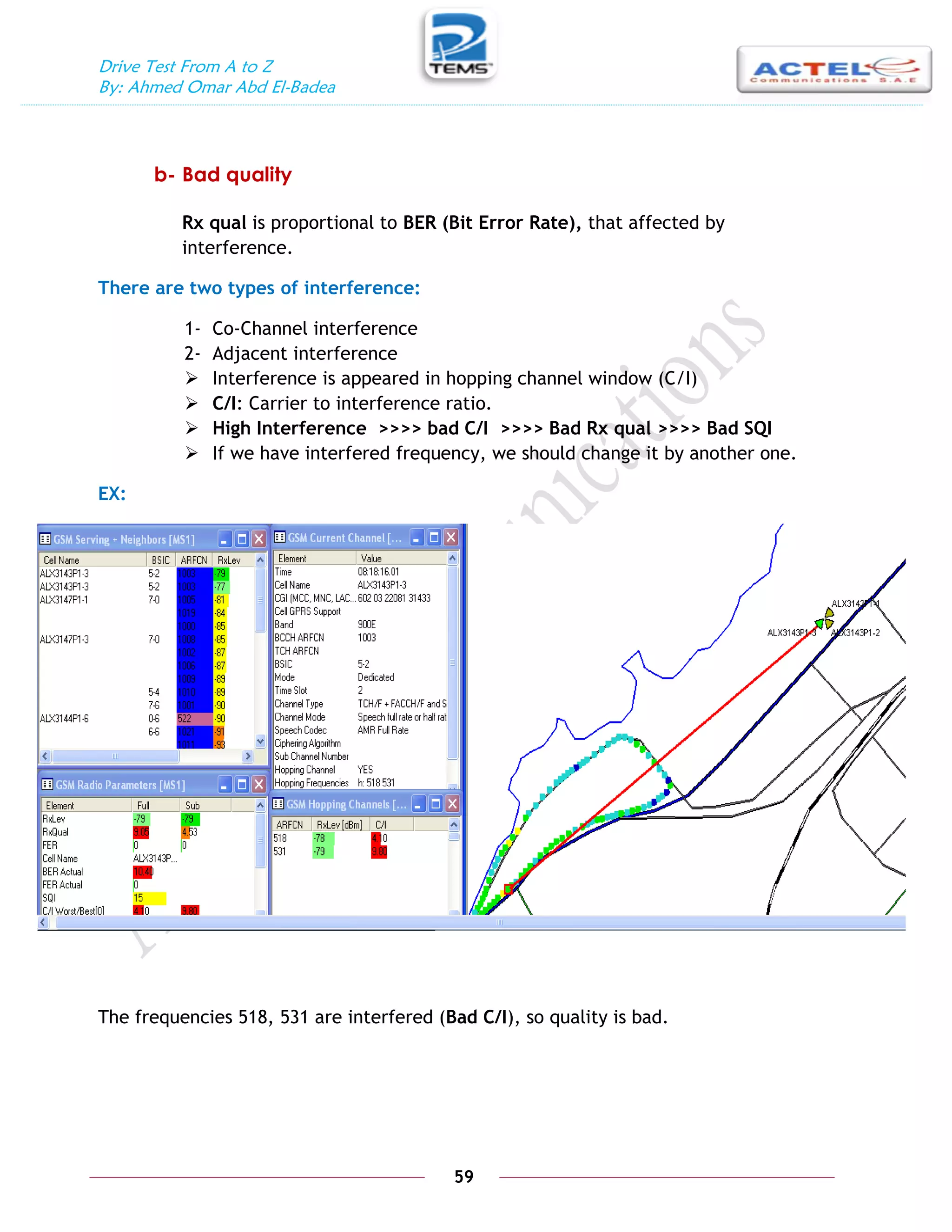 Drive Test From A to Z
By: Ahmed Omar Abd El-Badea
59
b- Bad quality
Rx qual is proportional to BER (Bit Error Rate), that affected by
interference.
There are two types of interference:
1- Co-Channel interference
2- Adjacent interference
 Interference is appeared in hopping channel window (C/I)
 C/I: Carrier to interference ratio.
 High Interference >>>> bad C/I >>>> Bad Rx qual >>>> Bad SQI
 If we have interfered frequency, we should change it by another one.
EX:
The frequencies 518, 531 are interfered (Bad C/I), so quality is bad.
 
