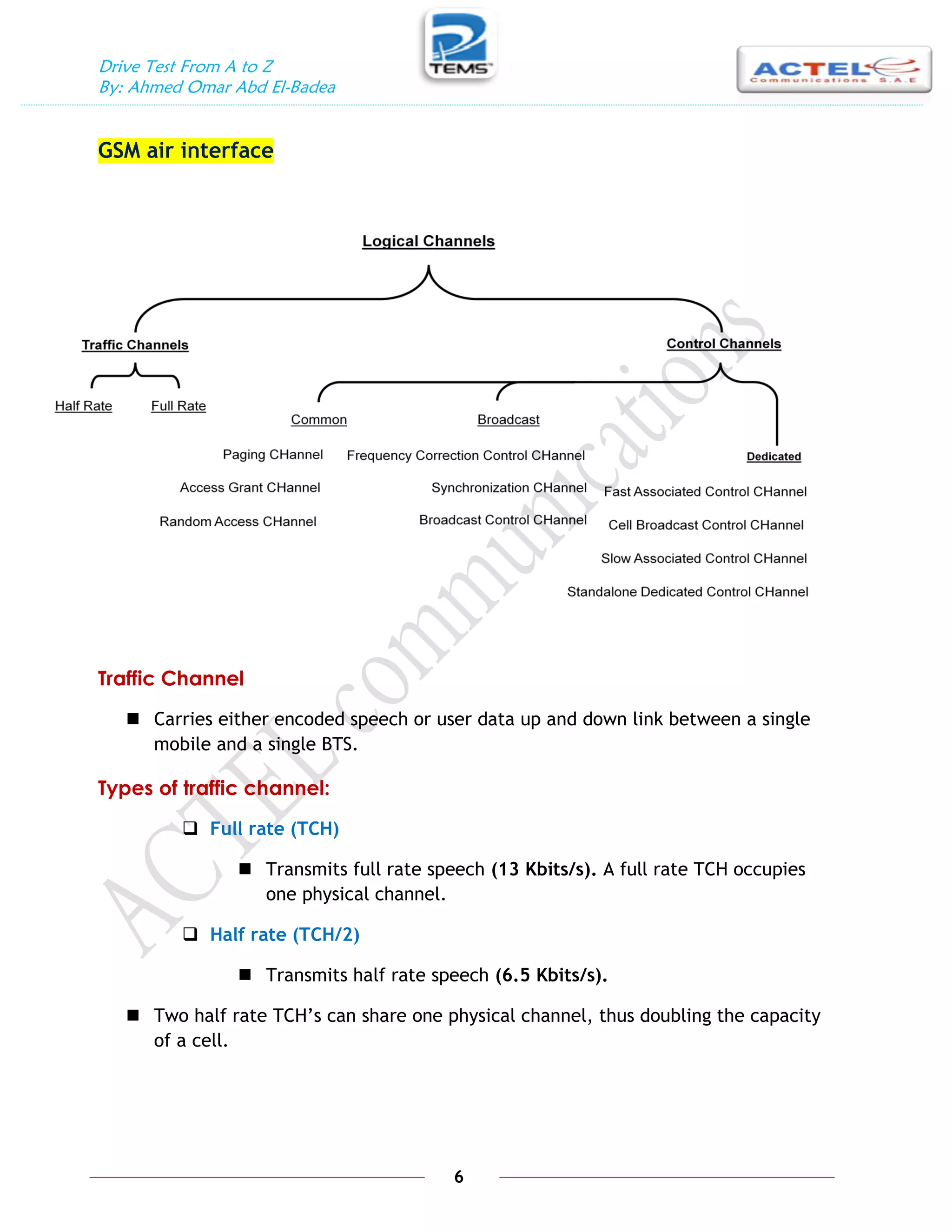 Drive Test From A to Z
By: Ahmed Omar Abd El-Badea
6
GSM air interface
Traffic Channel
 Carries either encoded speech or user data up and down link between a single
mobile and a single BTS.
Types of traffic channel:
 Full rate (TCH)
 Transmits full rate speech (13 Kbits/s). A full rate TCH occupies
one physical channel.
 Half rate (TCH/2)
 Transmits half rate speech (6.5 Kbits/s).
 Two half rate TCH’s can share one physical channel, thus doubling the capacity
of a cell.
 