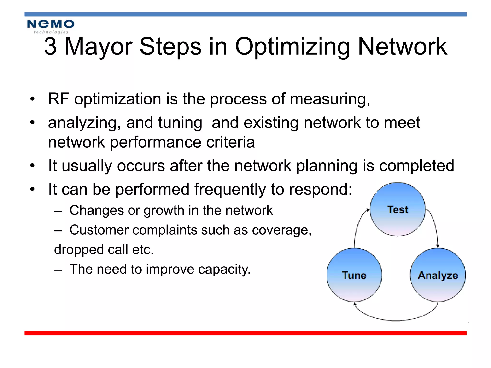 3 Mayor Steps in Optimizing Network

• RF optimization is the process of measuring,
• analyzing, and tuning and existing network to meet
  network performance criteria
• It usually occurs after the network planning is completed
• It can be performed frequently to respond:
   – Changes or growth in the network
   – Customer complaints such as coverage,
   dropped call etc.
   – The need to improve capacity.
 