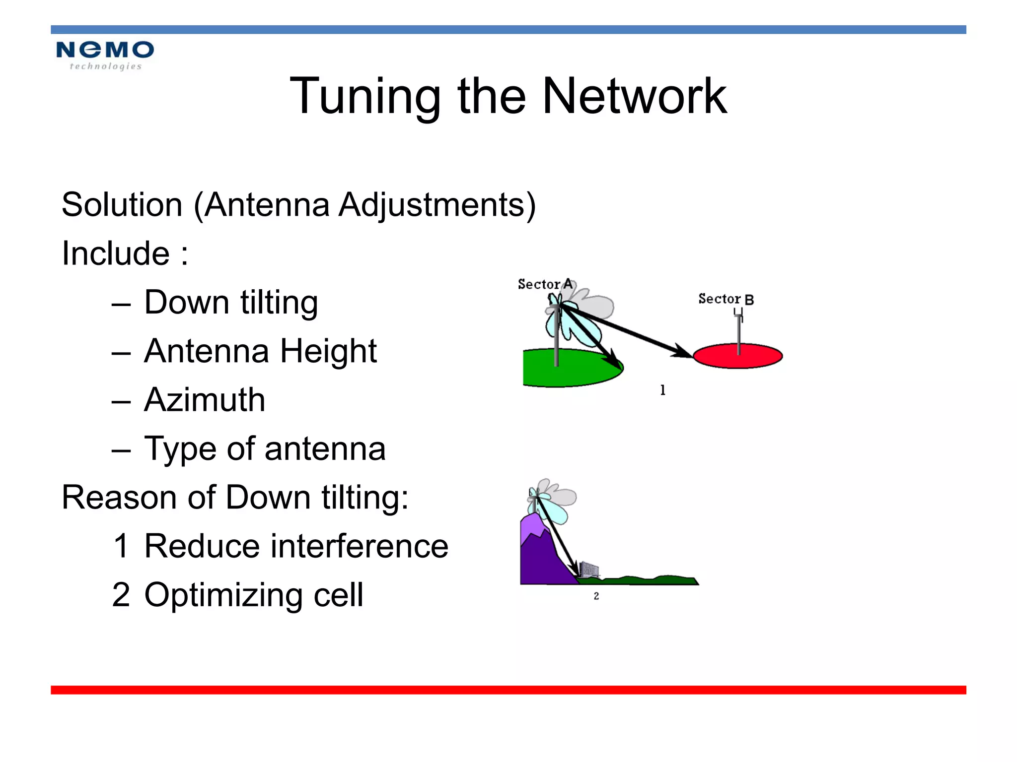 Tuning the Network

Solution (Antenna Adjustments)
Include :
    – Down tilting
    – Antenna Height
    – Azimuth
    – Type of antenna
Reason of Down tilting:
    1 Reduce interference
    2 Optimizing cell
 
