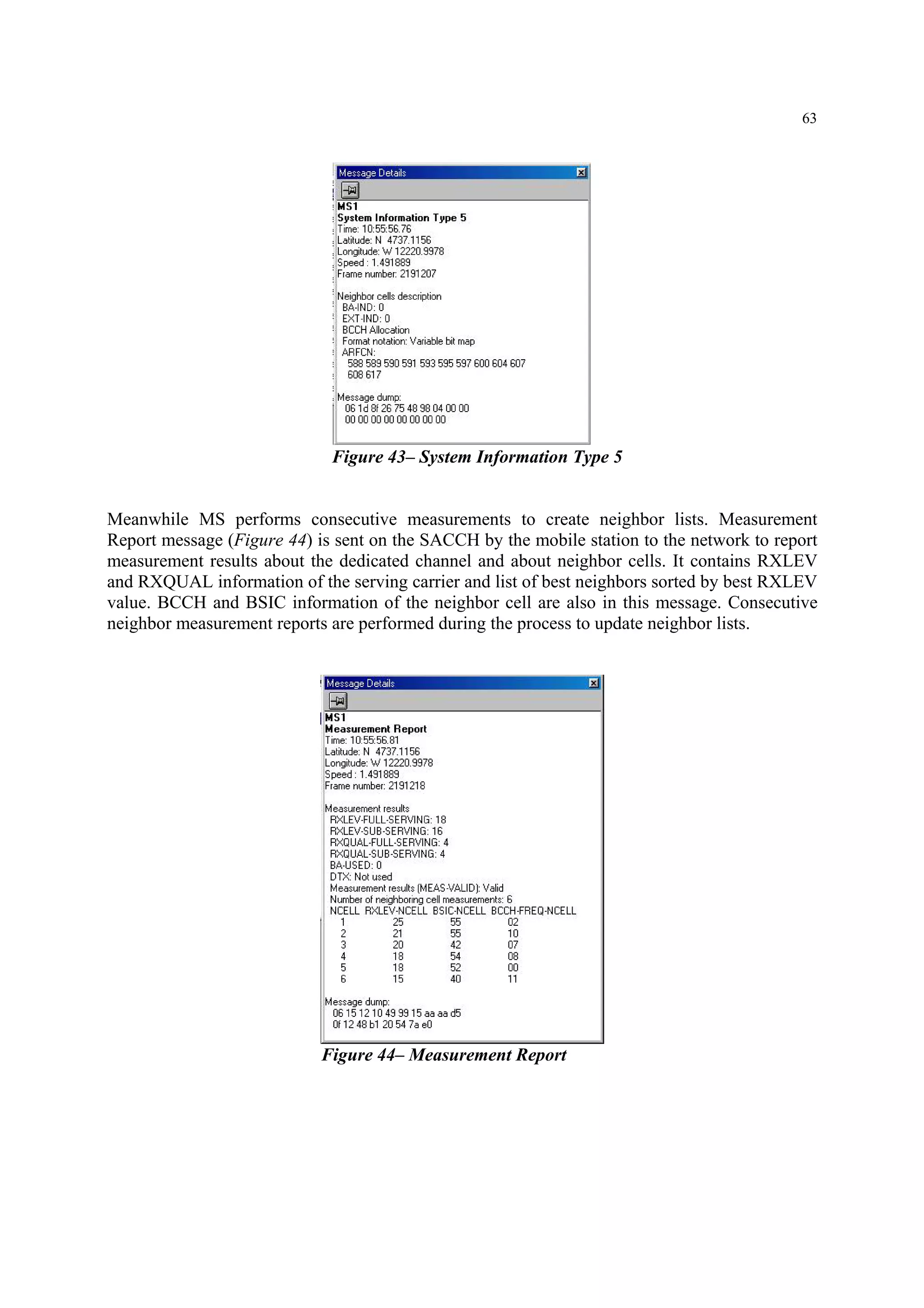 63
Figure 43– System Information Type 5
Meanwhile MS performs consecutive measurements to create neighbor lists. Measurement
Report message (Figure 44) is sent on the SACCH by the mobile station to the network to report
measurement results about the dedicated channel and about neighbor cells. It contains RXLEV
and RXQUAL information of the serving carrier and list of best neighbors sorted by best RXLEV
value. BCCH and BSIC information of the neighbor cell are also in this message. Consecutive
neighbor measurement reports are performed during the process to update neighbor lists.
Figure 44– Measurement Report
 