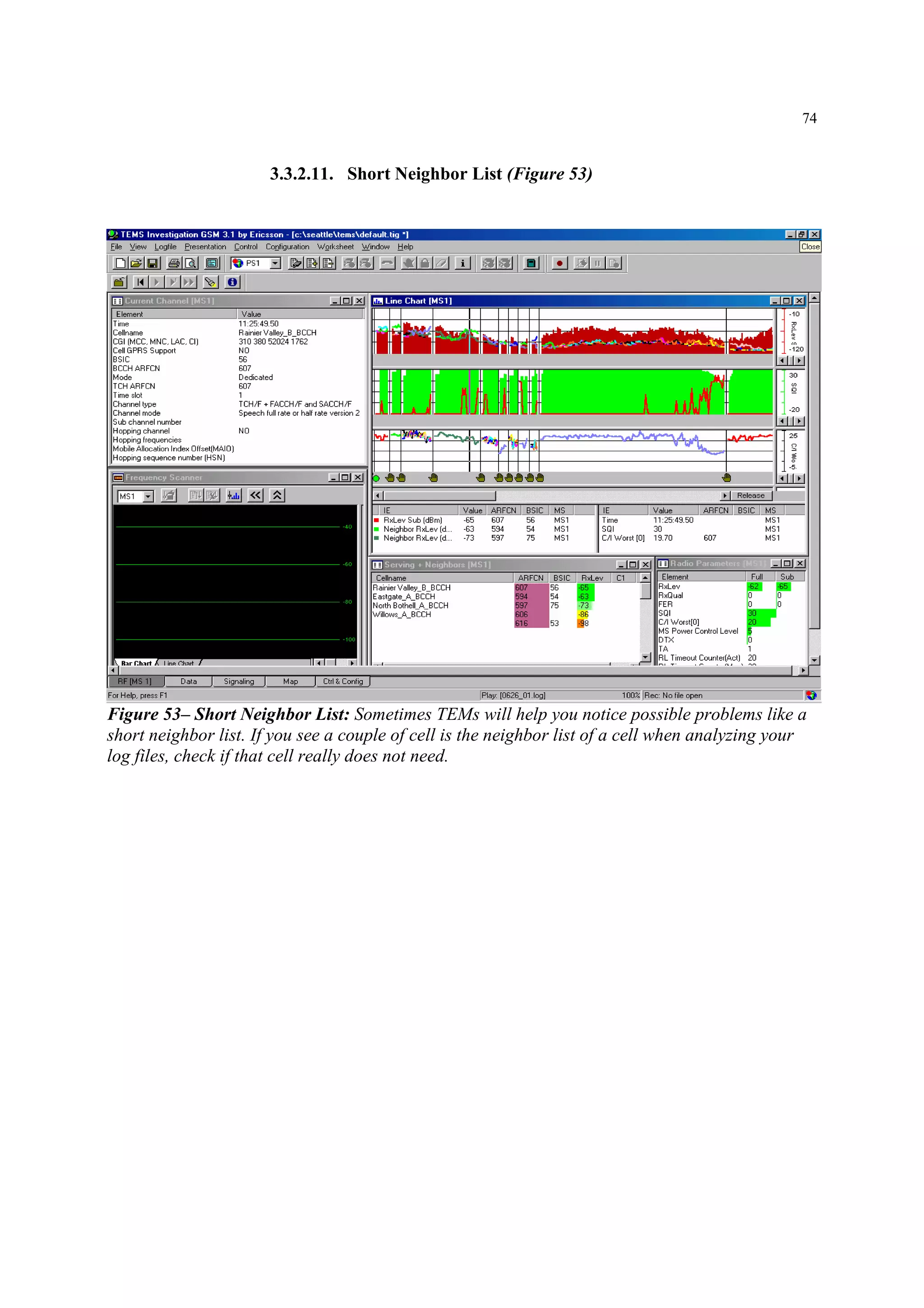 74
3.3.2.11. Short Neighbor List (Figure 53)
Figure 53– Short Neighbor List: Sometimes TEMs will help you notice possible problems like a
short neighbor list. If you see a couple of cell is the neighbor list of a cell when analyzing your
log files, check if that cell really does not need.
 