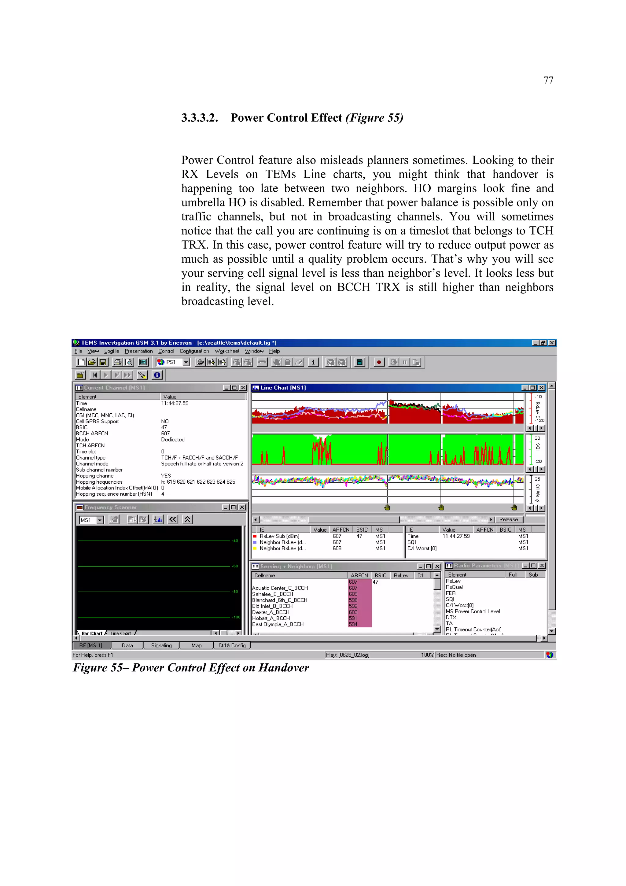 77
3.3.3.2. Power Control Effect (Figure 55)
Power Control feature also misleads planners sometimes. Looking to their
RX Levels on TEMs Line charts, you might think that handover is
happening too late between two neighbors. HO margins look fine and
umbrella HO is disabled. Remember that power balance is possible only on
traffic channels, but not in broadcasting channels. You will sometimes
notice that the call you are continuing is on a timeslot that belongs to TCH
TRX. In this case, power control feature will try to reduce output power as
much as possible until a quality problem occurs. That’s why you will see
your serving cell signal level is less than neighbor’s level. It looks less but
in reality, the signal level on BCCH TRX is still higher than neighbors
broadcasting level.
Figure 55– Power Control Effect on Handover
 
